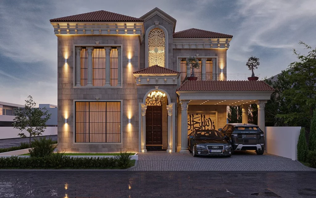 Classical House Design B 17 Islamabad Front View With Car Parking Area Chiltan Architects And Developers Lahore